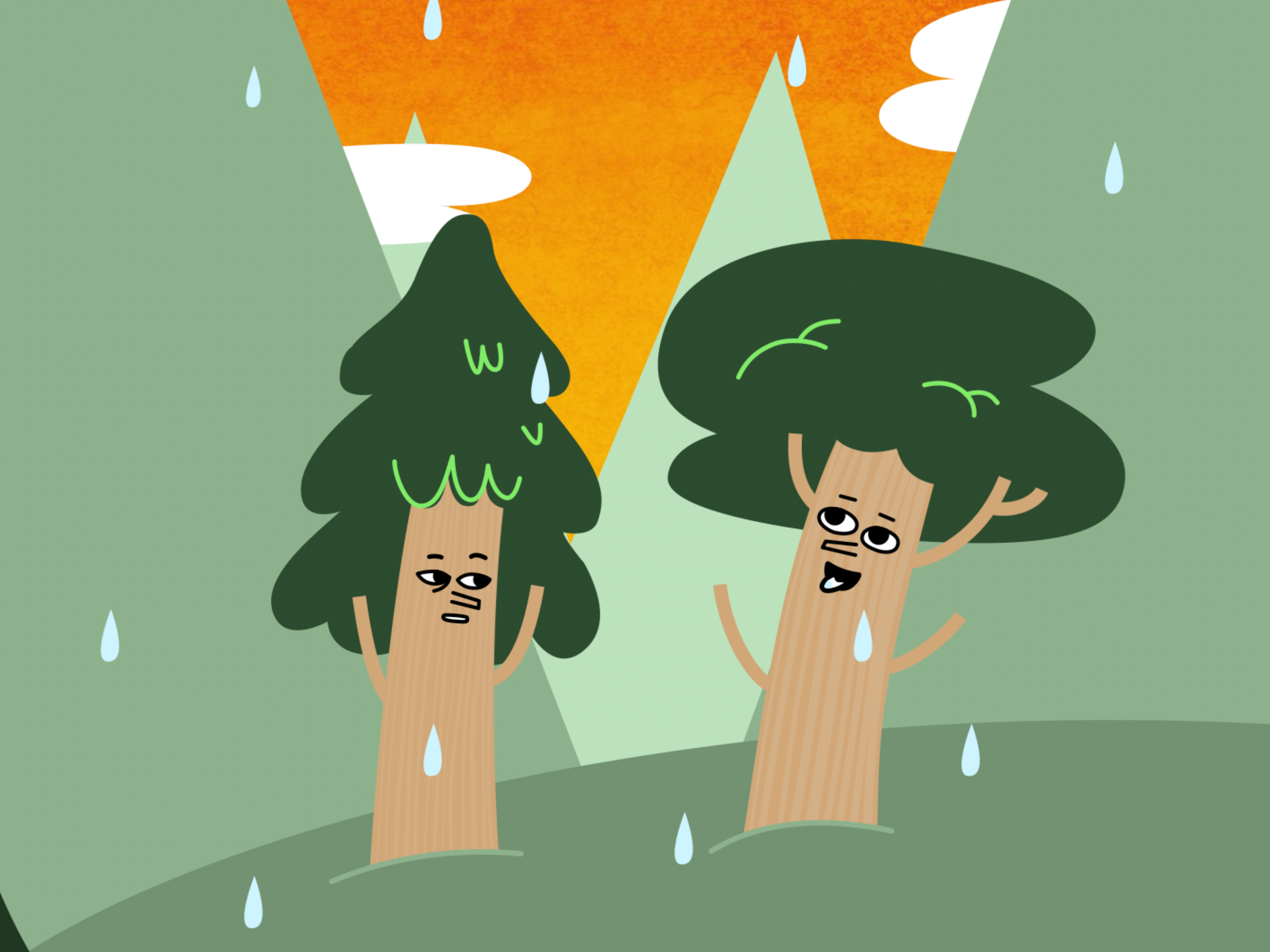 Image of an illustration from BLISH of two trees with smiling faces in front of a hilly landscape.