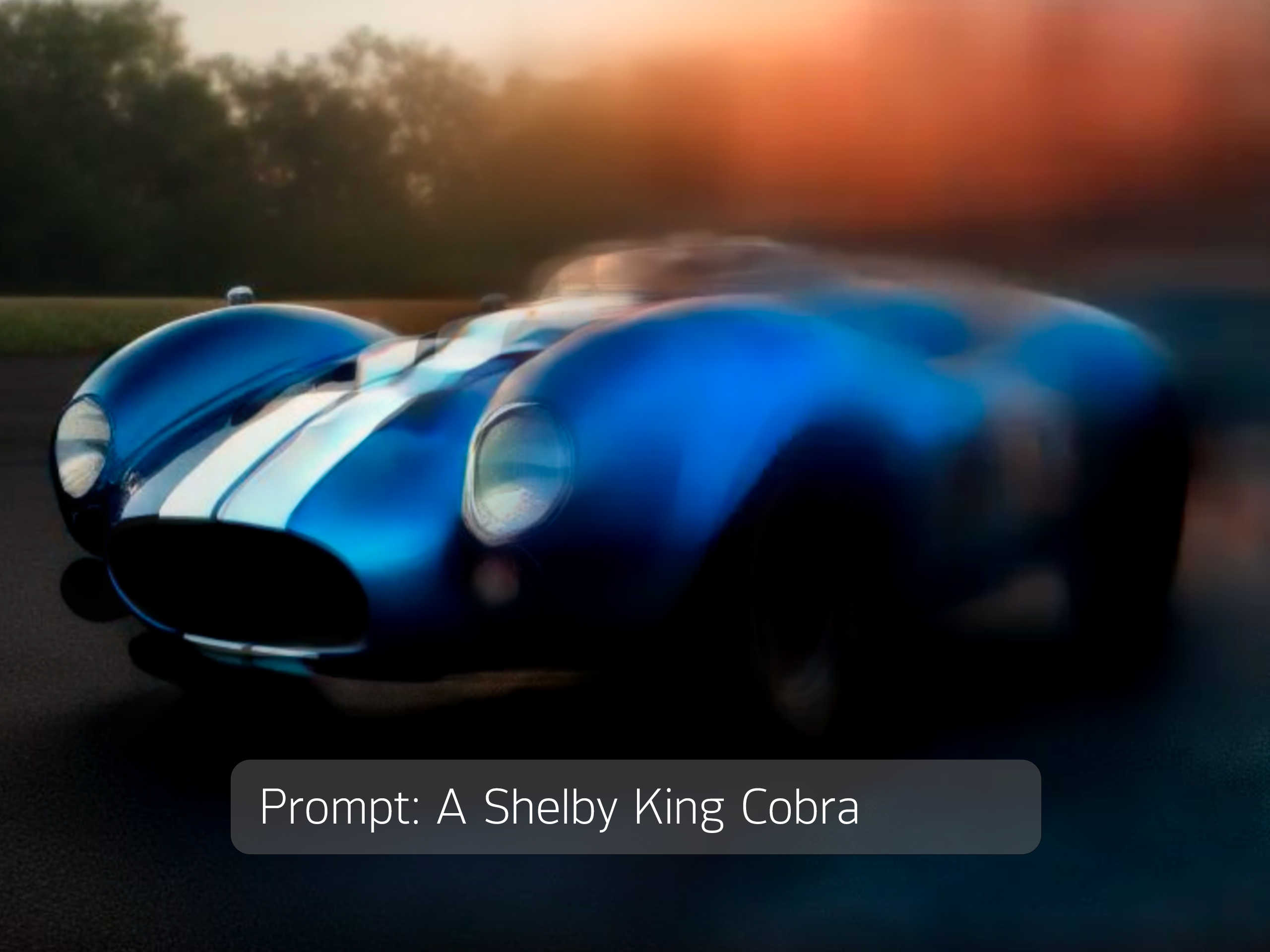  AI promted and AI generated Ford Shelby Cobra sports car in blue with white stripes, text caption: Prompt a Shelby King Kobra