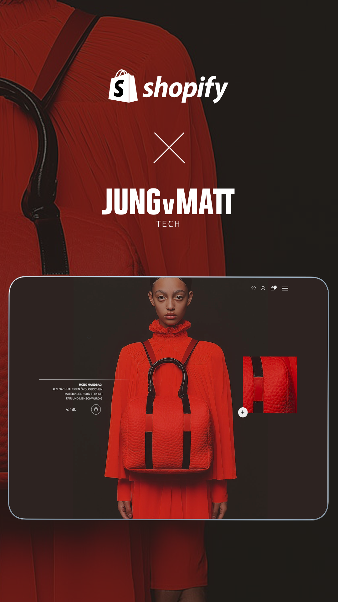 An example screenshot of a website built with Shopify, a partner of Jung von Matt TECH, showing a woman wearing a red bag that can be bought in the online shop.