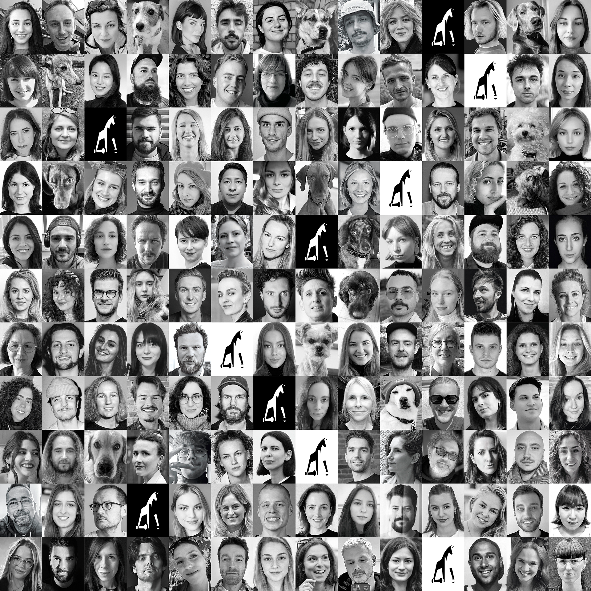 Image of several facial portraits of Jung von Matt SPREE employees in a black and white miniature tile look.