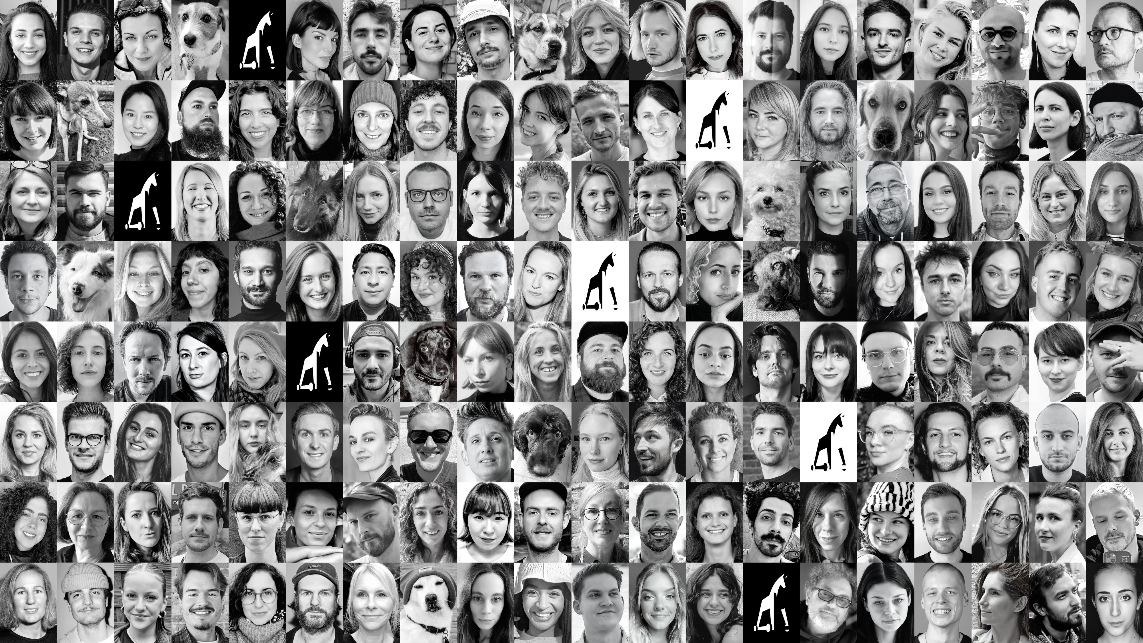 Image of several facial portraits of Jung von Matt SPREE employees in a black and white miniature tile look.
