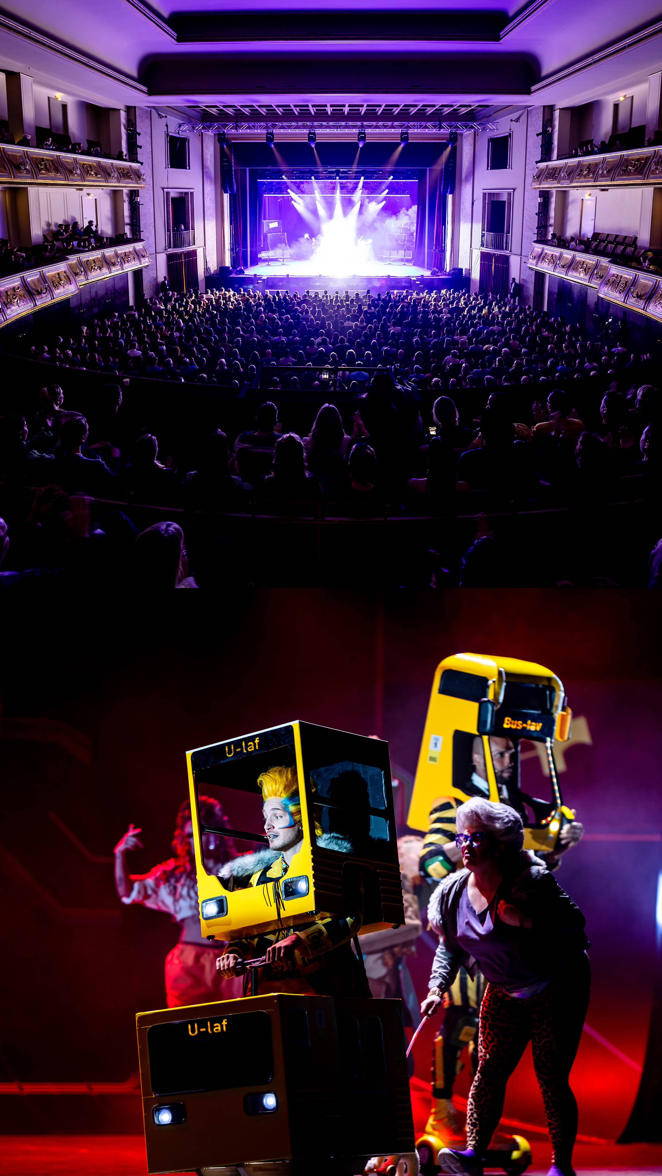 On the left, a large audience watches a brightly lit stage during a live performance at a theater. on the right, two characters resembling an older man and a robotic entity partake in an animated dialogue.