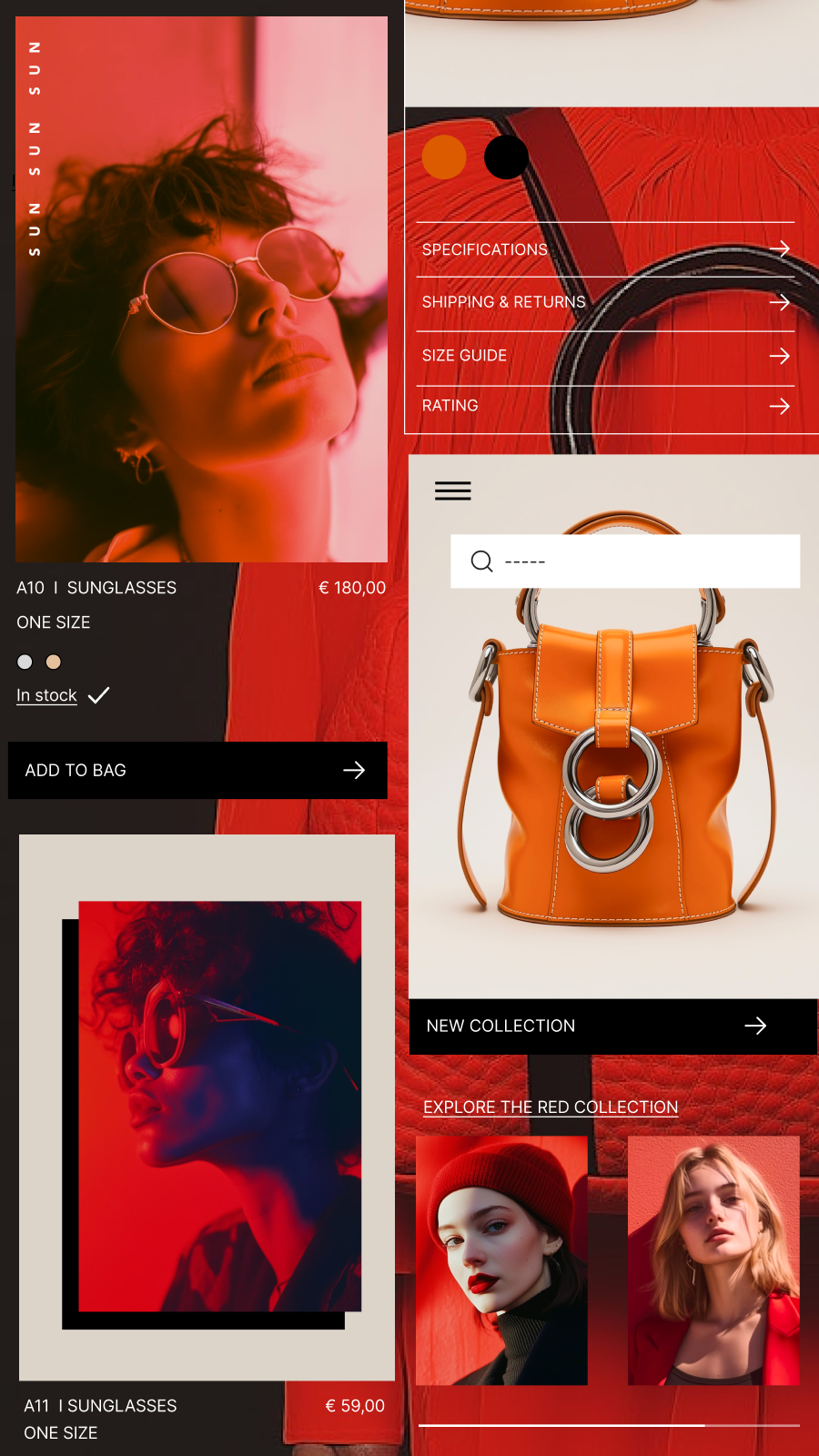 A collage of screenshots of websites built with Shopify, a partner of Jung von Matt TECH, showing different screens of the shop, like a product page, a product detail section or a category teaser.