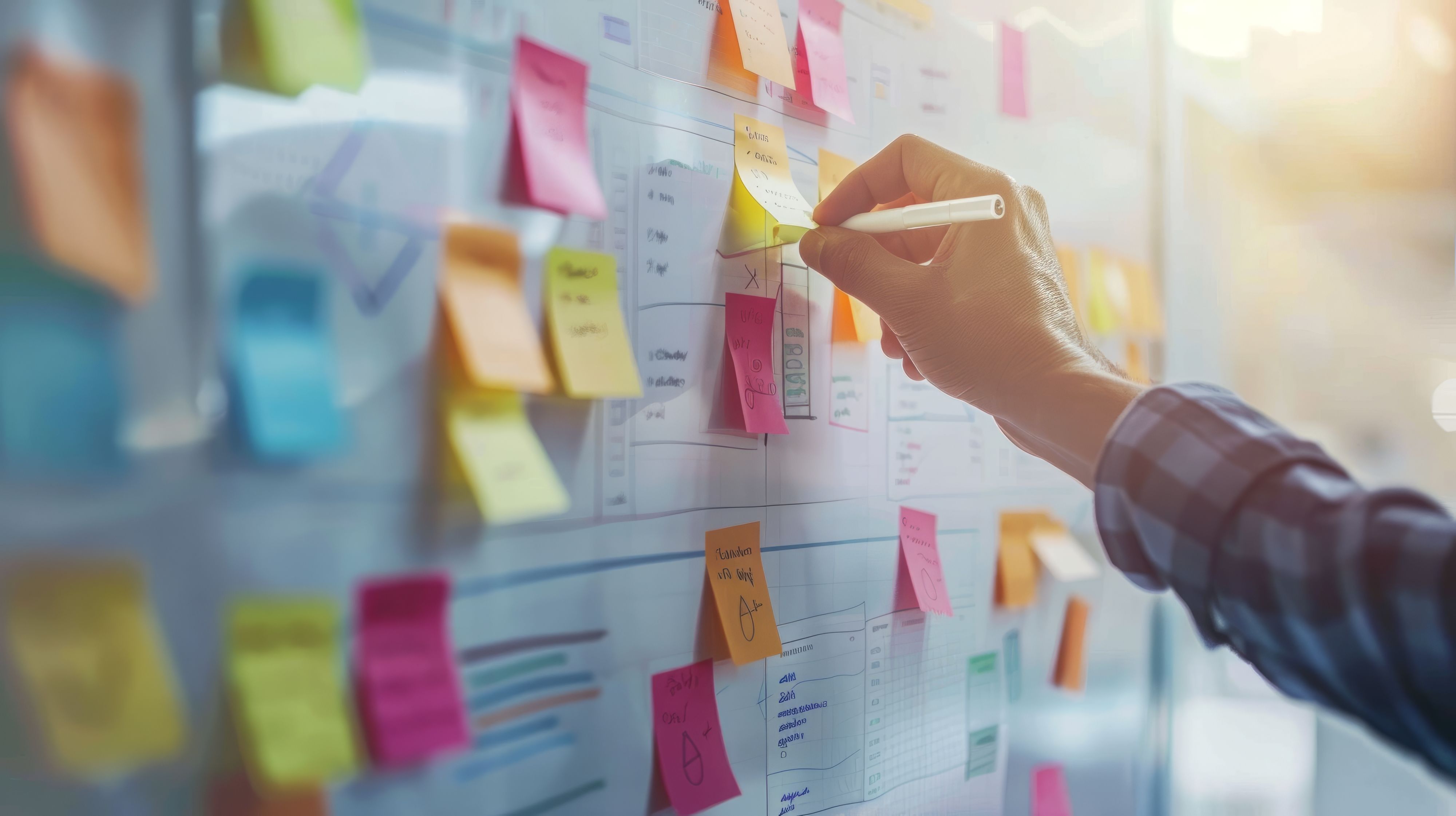 A person actively writing on a whiteboard, surrounded by colorful sticky notes for organization and brainstorming. 