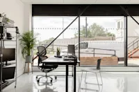 An office with a desk, a shelf and a big plant with three large windows overlooking a street with a van