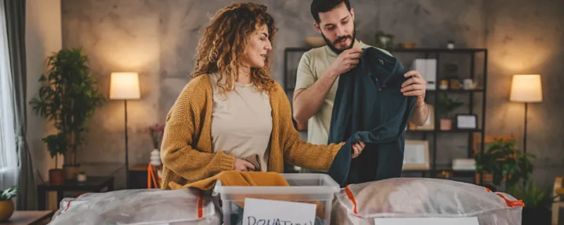 A couple sorting out their home clutter in order to move it into a STOREX self storage unit.