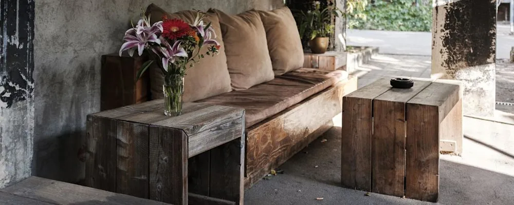 Old wood being used as outdoor furniture