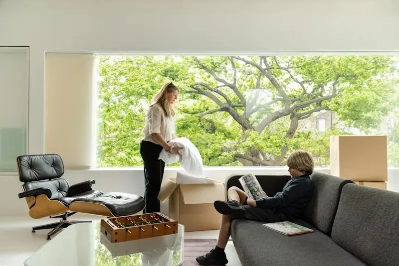 woman and kid in living room