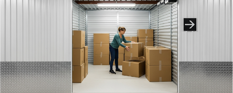 Woman stacking boxes in storage unit