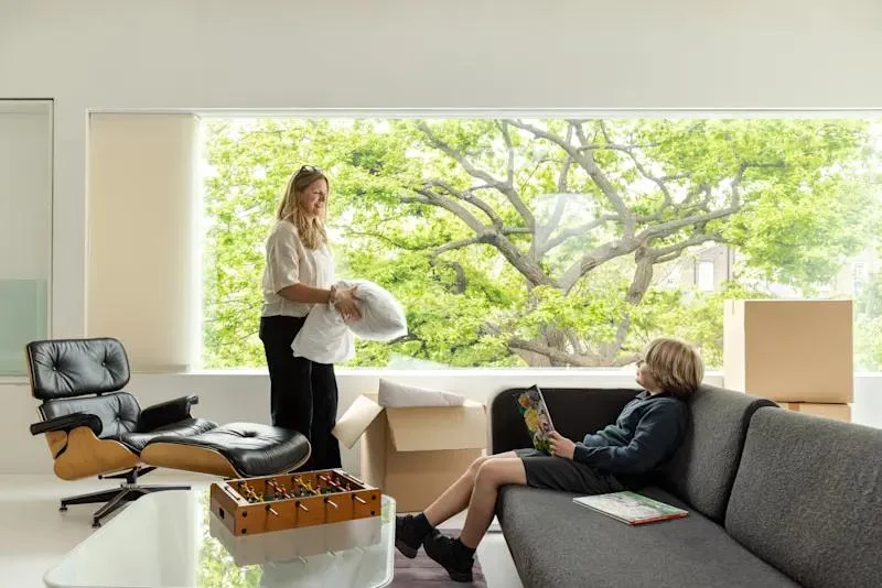 woman and kid in living room