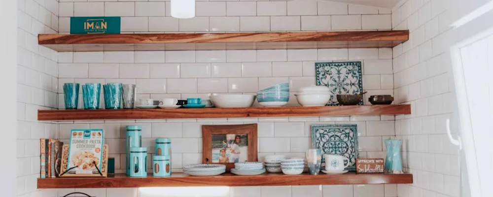 Woodern planks mounted and used for storage in a kitchen resized
