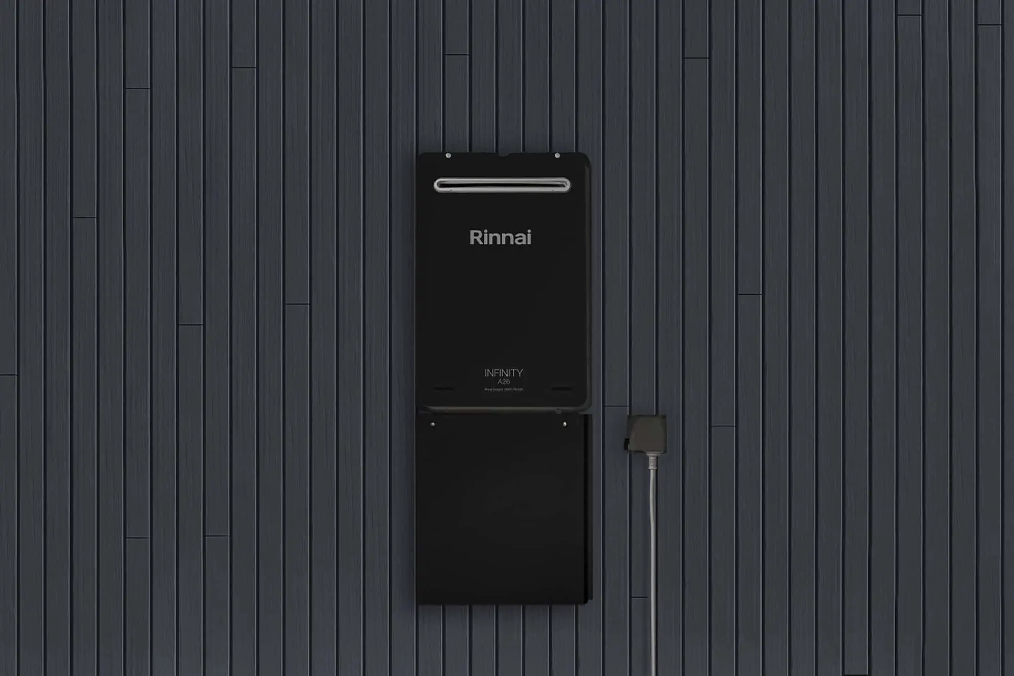 Black Rinnai Infinity A26 tankless water heater mounted on dark gray vertical paneled wall with connected pipe.