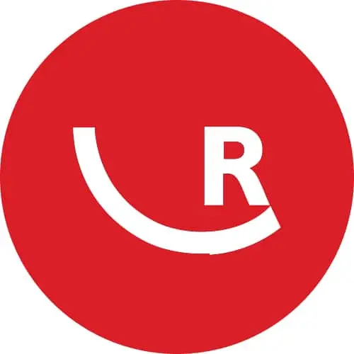 Red circle with white letter R and curved smile line forming a simple logo design