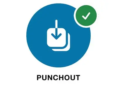 Blue circle with white download icon and green checkmark, text reads PUNCHOUT below