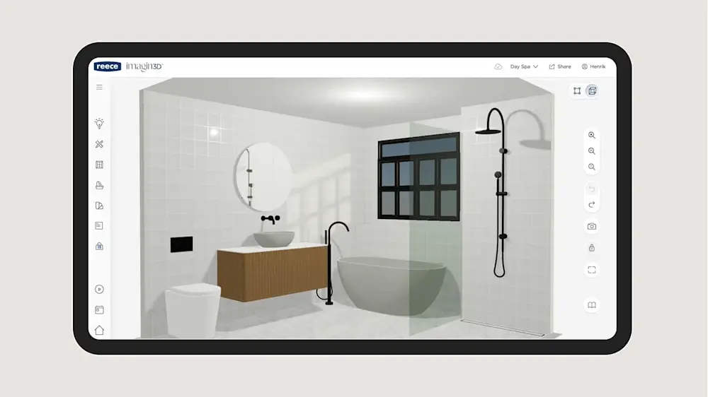 3D bathroom design on tablet showing white tiles, wooden vanity, freestanding tub, black fixtures, and window.