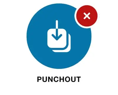 Blue circle with white download icon and red circle with white X above it, with text PUNCHOUT below