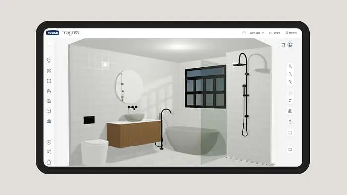 Tablet displaying a 3D bathroom design with white walls, wooden vanity, freestanding tub, and black fixtures.
