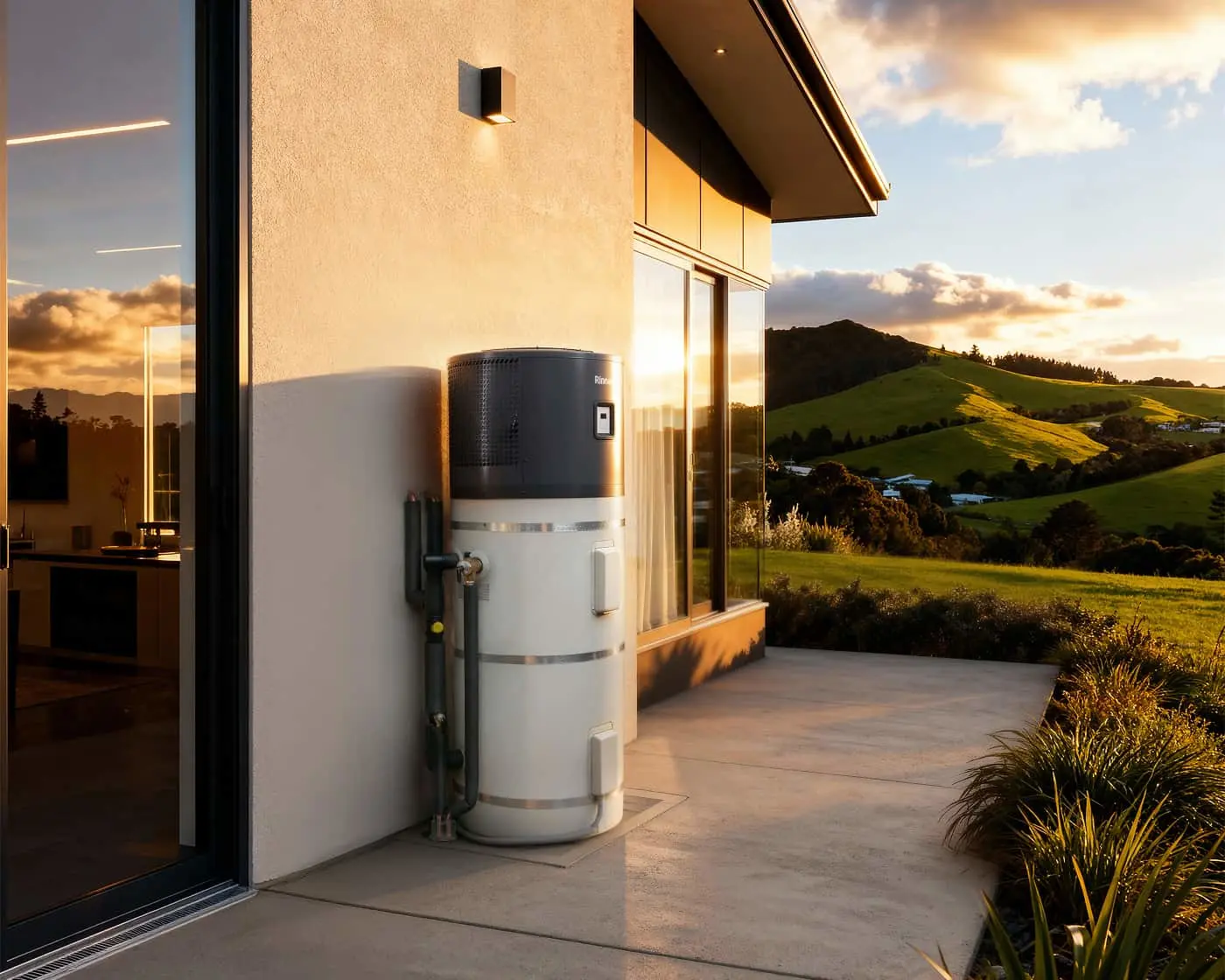 Modern home exterior with cylindrical water heater on patio, overlooking green hills at sunset.