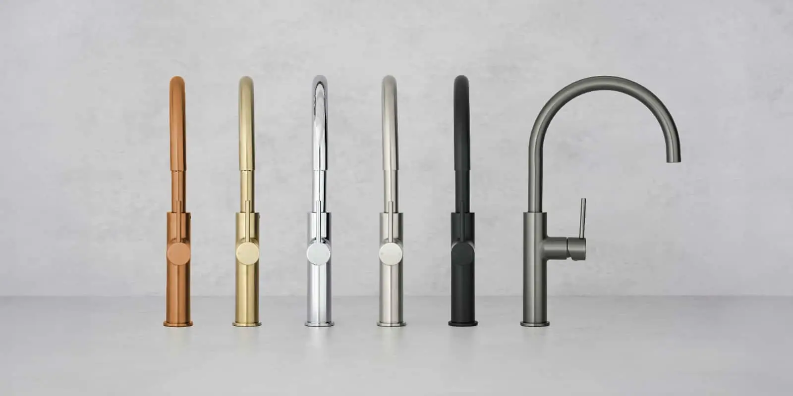Six kitchen faucets in different finishes arranged in a row: bronze, gold, chrome, brushed nickel, black, and gunmetal.