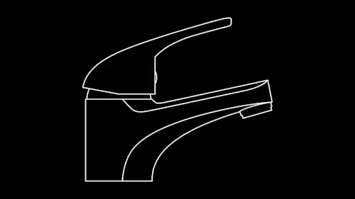 White line drawing of a bathroom faucet in profile view on a black background.