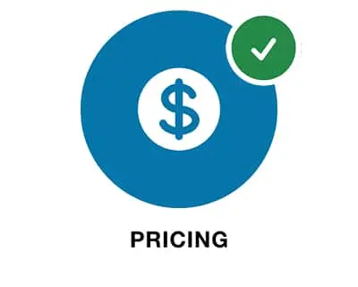 Blue circle with white dollar sign icon and green checkmark badge, with the word PRICING below in black text.