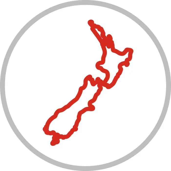 Red outline of New Zealand map inside a gray circle on white background