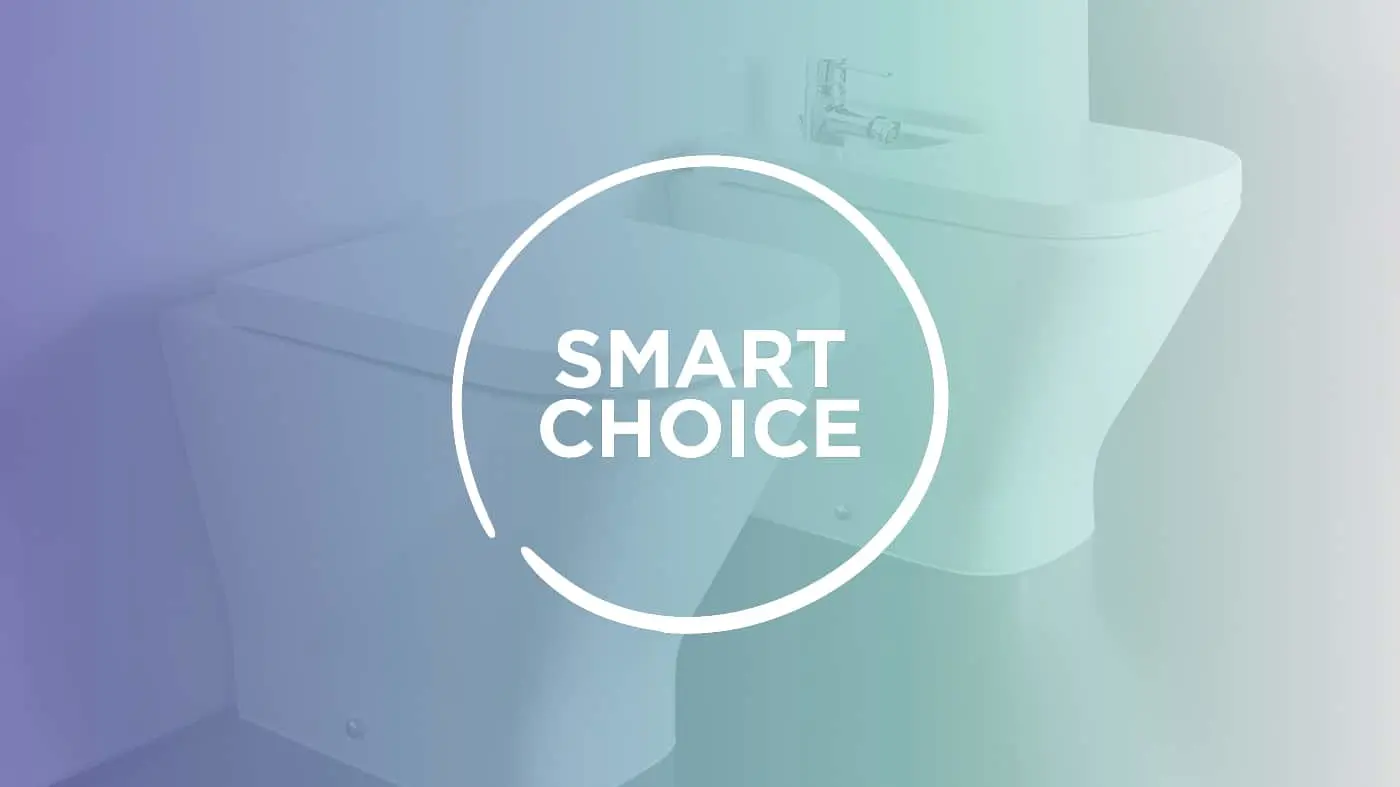 White toilet in a bathroom with text overlay reading Smart Choice in a circular badge