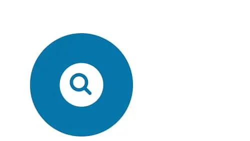 Blue circle with white center containing a magnifying glass icon
