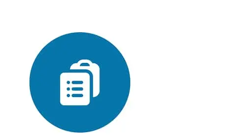White clipboard icon with bullet list on blue circular background