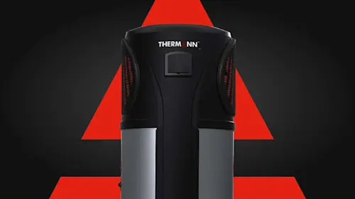 Black Thermann heat pump against a dark background with red geometric shapes.