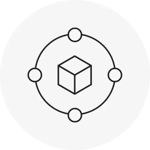 A cube icon centered within a circle with four dots evenly spaced around the circle's perimeter.