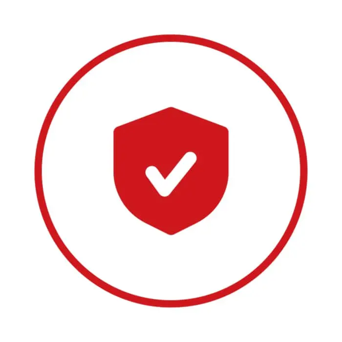 Red shield with white checkmark inside a red circle on white background