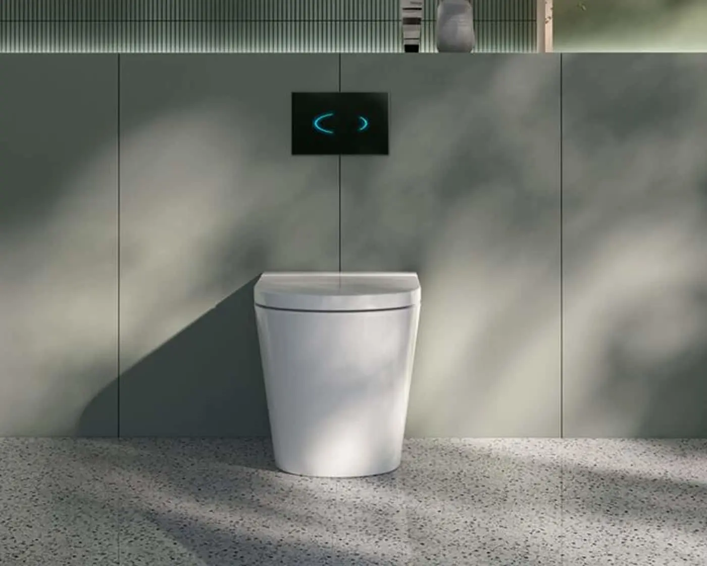 White toilet against gray wall with black flush panel displaying blue symbols in modern bathroom.