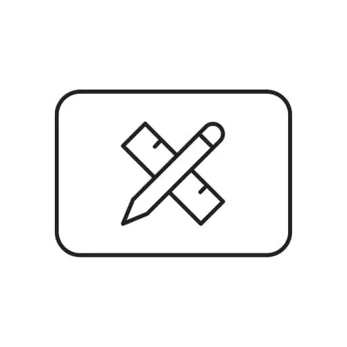 Icon of a pencil and eraser crossed in an X shape inside a rounded rectangle frame on white background.