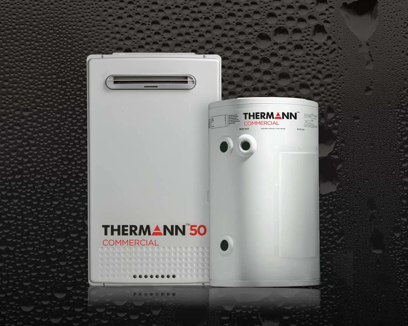 White Thermann 50 Commercial water heater unit with cylindrical tank against a dark textured background with water droplets.