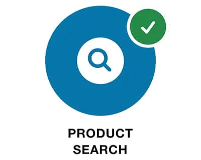 Blue circle with magnifying glass icon and green checkmark, text reads Product Search below