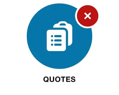 White document icon with lines on blue circle, red circle with white X in corner, text reads QUOTES below