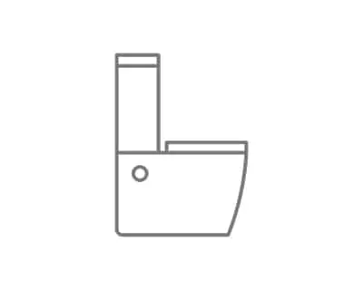 Gray line drawing icon of a modern toilet with tank and bowl on white background