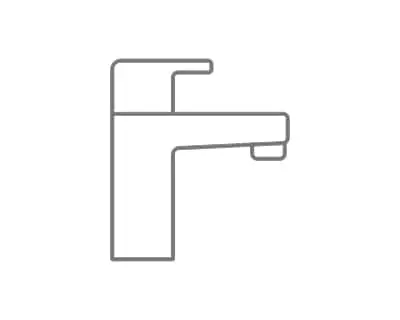 Gray outline icon of a bathroom faucet with single handle on top and spout extending to the right.
