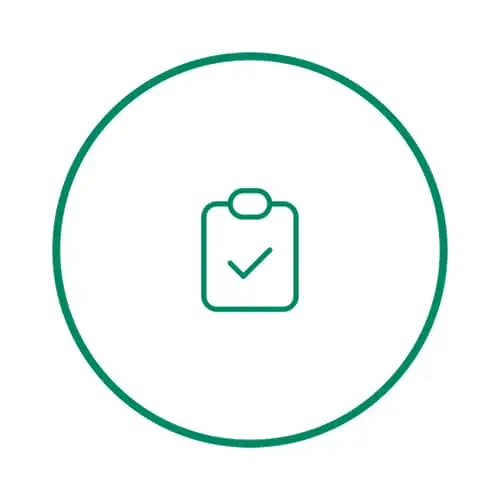 Teal clipboard icon with checkmark inside a circular border on white background