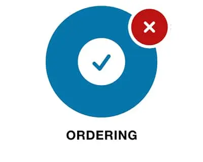 Blue circle with white checkmark in center, red circle with white X in upper right corner, text ORDERING below