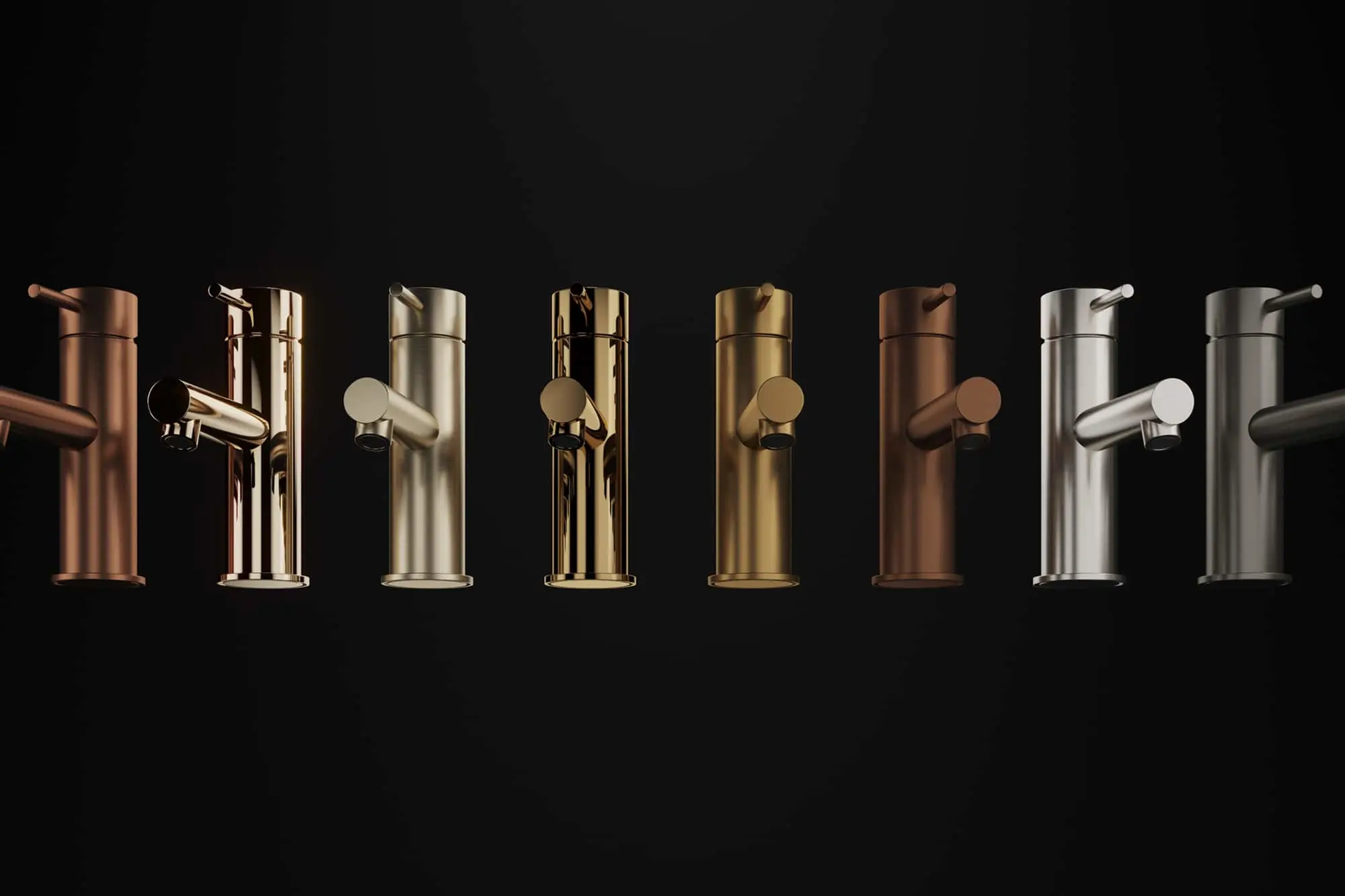 Eight bathroom faucets in various metallic finishes including copper, gold, bronze, and silver arranged in a row.