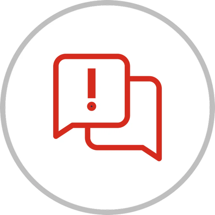 Two red speech bubbles with an exclamation mark inside a gray circle on white background.