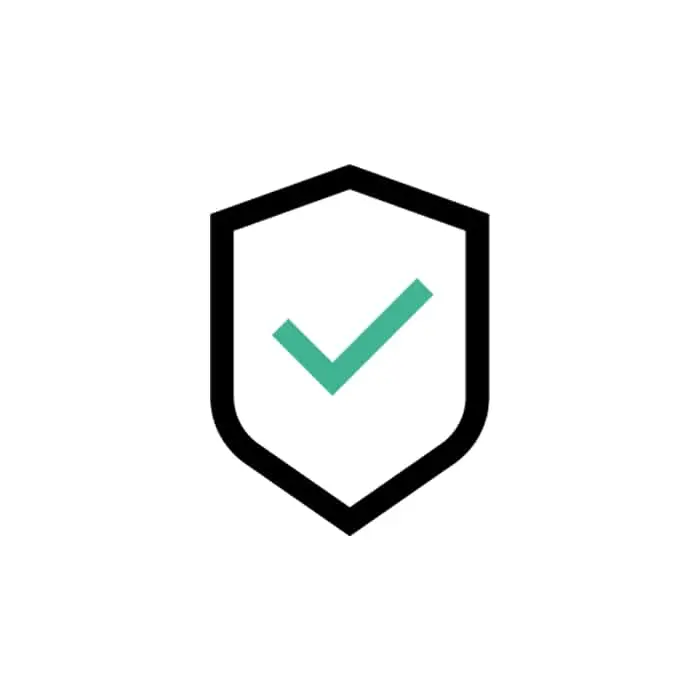 Black shield outline with a teal checkmark in the center on a white background