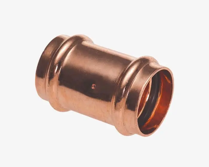 Conex Banninger copper pipe coupling with grooved ends on a white background