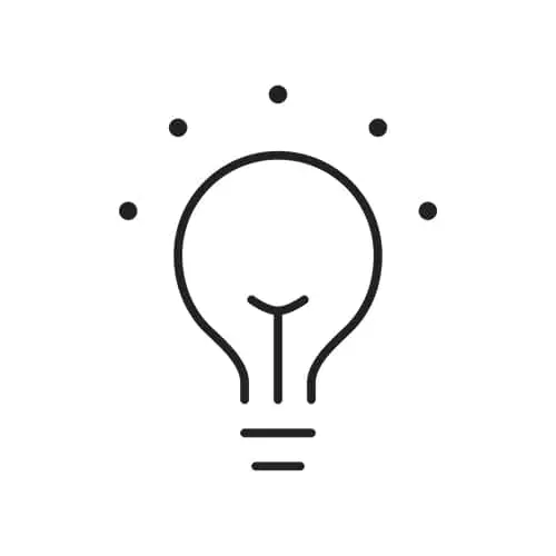Simple black outline of a light bulb with five dots radiating around it on a white background.