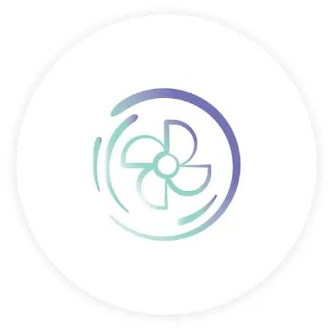 Stylized fan or ventilation icon in gradient blue and teal colors within a circular white background.