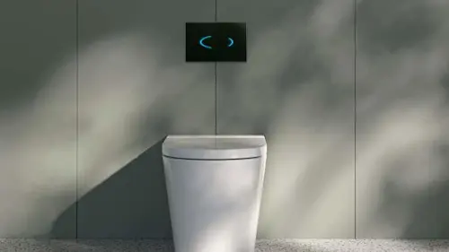 Modern white toilet against gray wall with black flush plate displaying blue symbols above it