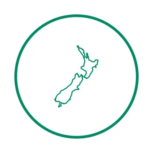 Outline map of New Zealand in teal within a circular border on white background