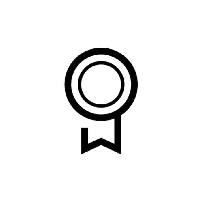 Black award ribbon icon with two concentric circles and a notched ribbon tail on white background.